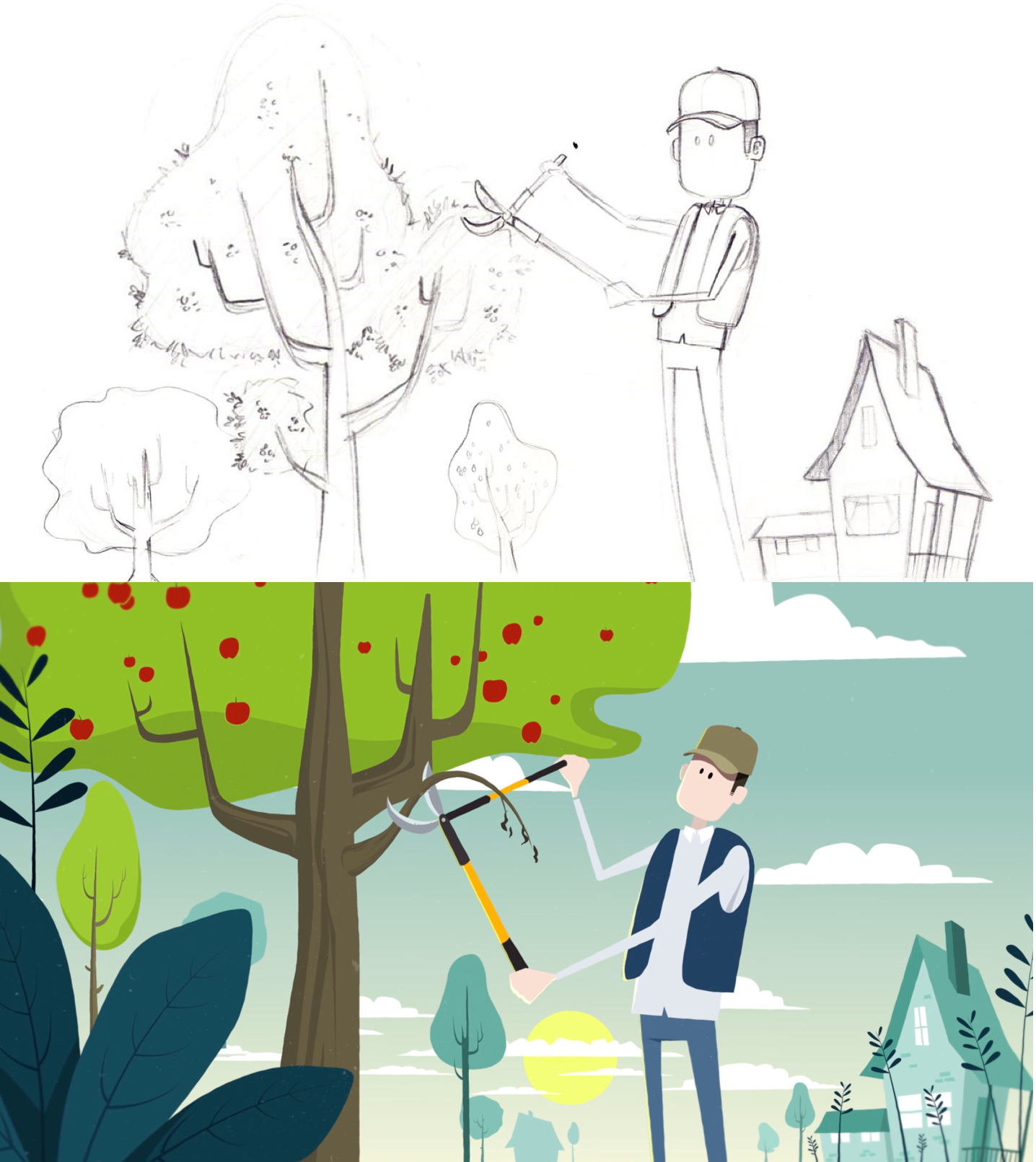 Croquis et illustration d’une scène tirée de la vidéo de motion design sur la Brûlure bactérienne des pommiers
